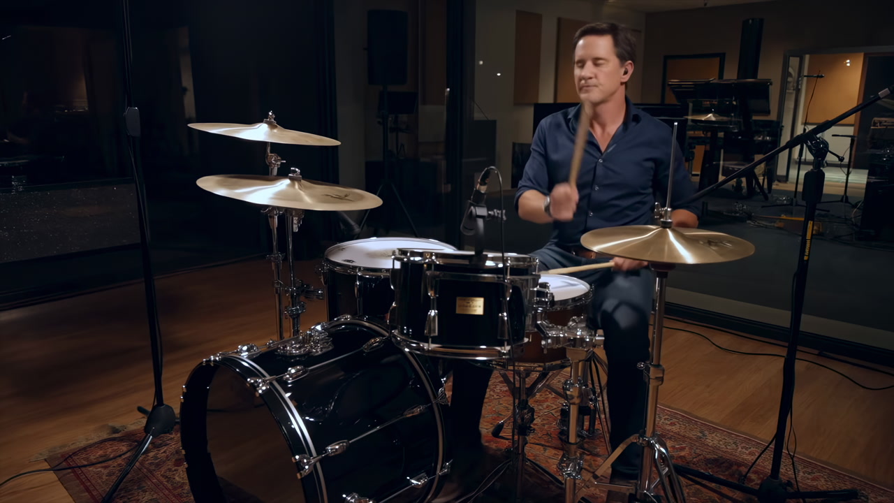 Drummer Recording Studio Playing Energetic Groove, Male Session Musician In Dimly Lit Control Room, Dynamic