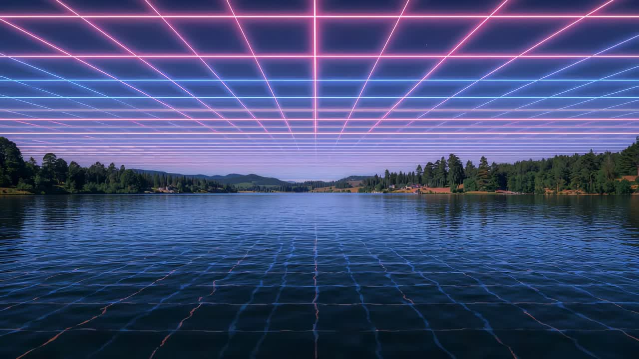 Débil cuadrícula de neón que aparece y se expande hacia abajo por la superficie del lago, creando un reflejo a cuadros