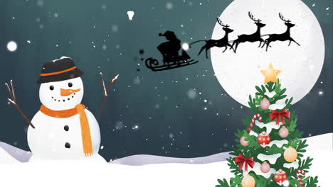 Animation-of-snow-falling-over-santa-claus-in-sleigh-and-winter-scenery