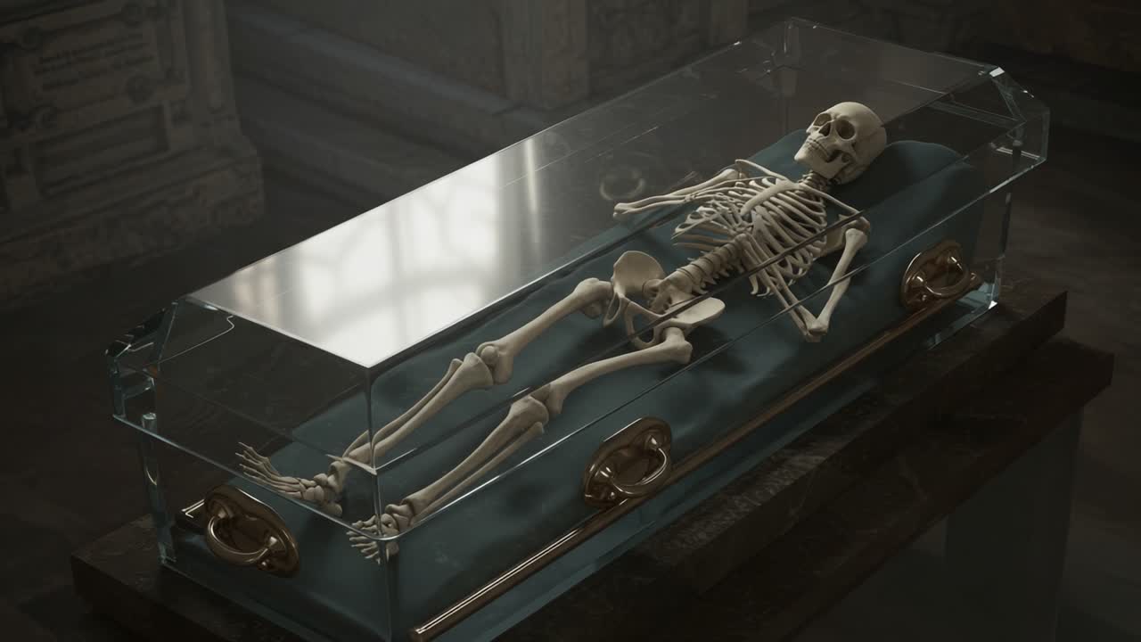 A Haunting Exploration of a Skeleton Resting in a Glass Coffin, Highlighting the Intricate Details of the Human Form and the Emotional Resonance of Mortality