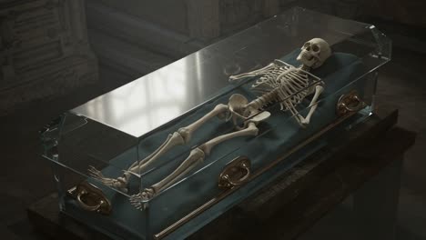 a haunting exploration of a skeleton resting in a glass coffin, highlighting the intricate details of the human form and the emotional resonance of mortality