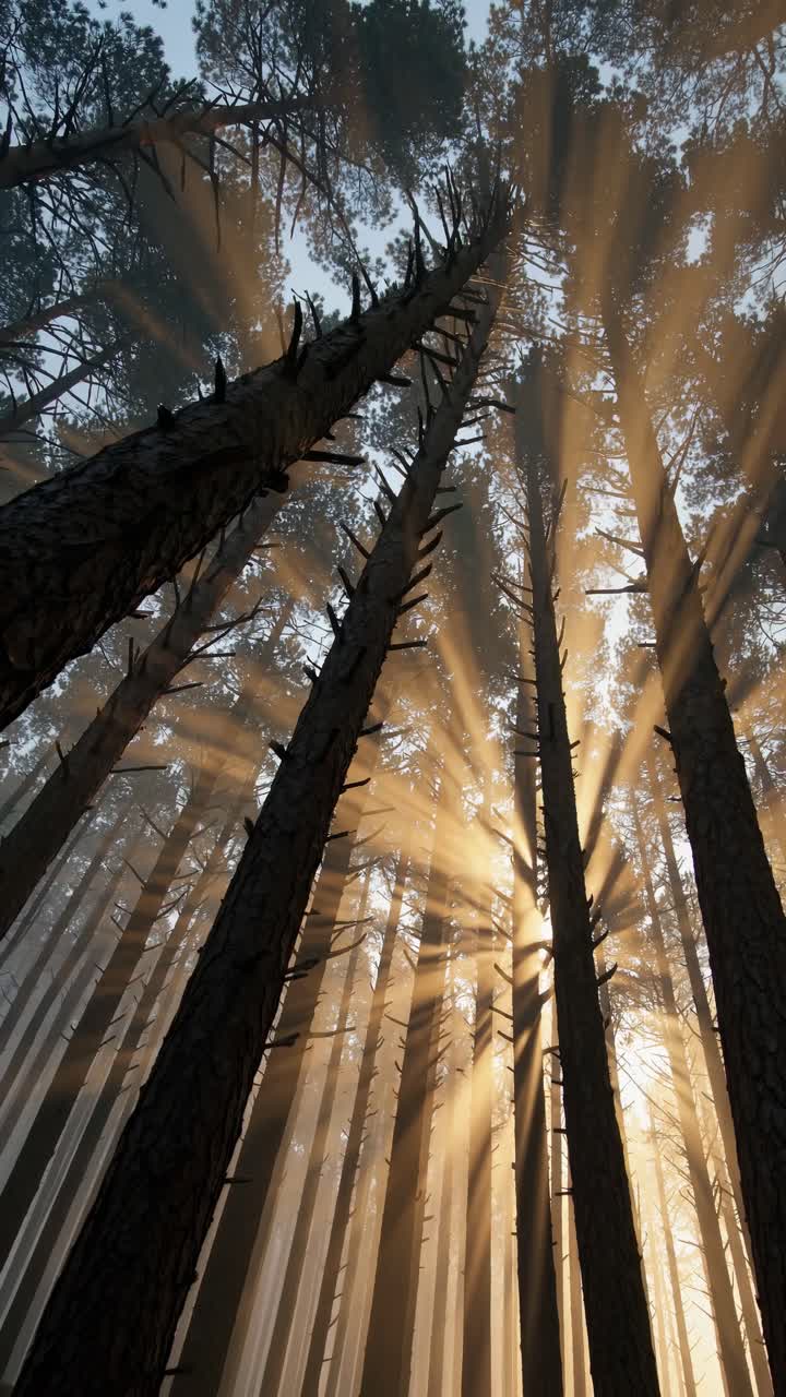 La luce del sole filtra attraverso alberi alti in una foresta, ripreso dal basso.