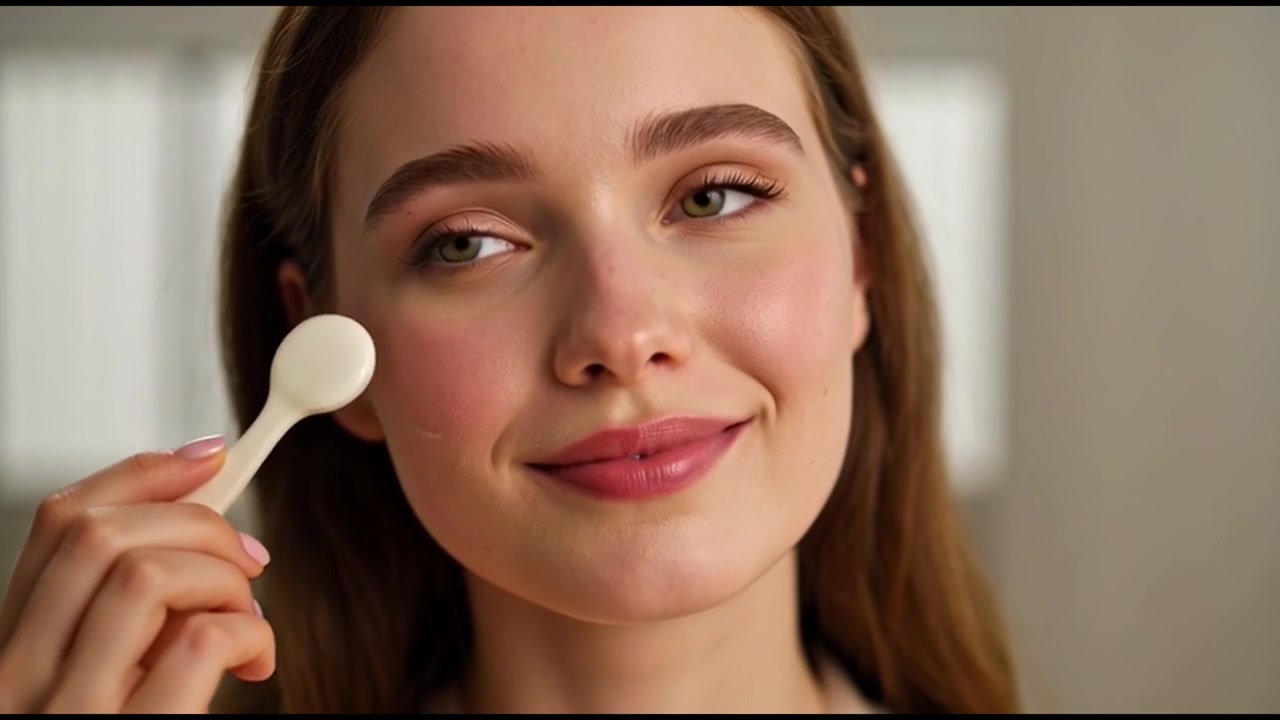 Young Woman Applying Face Cream with Spatula in Bathroom