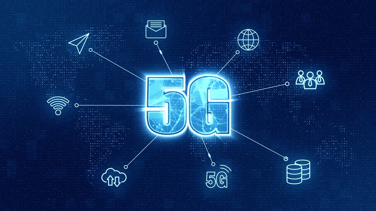 motion graphic di blu 5g icon connessione di rete con icona tecnologica su sfondo astratto video in loop senza cuciture