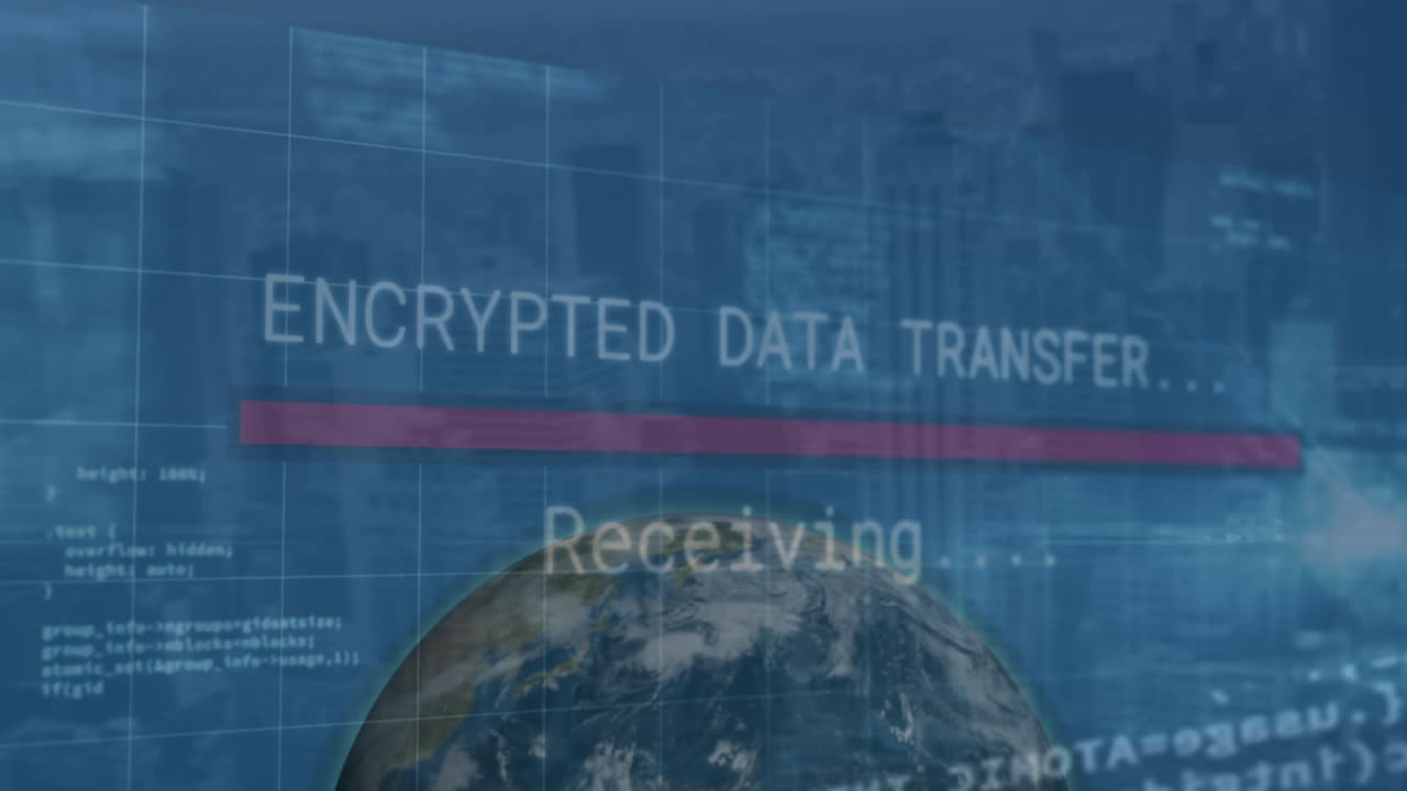 텍스트, 글로브, 로딩 바 및 현대 도시 풍경에 대한 컴퓨터 언어의 애니메이션