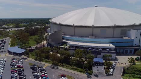 4k aerial drone video of fans filing in to tropicana field for tampa bay rays mlb wildcard playoff game against texas rangers in downtown st