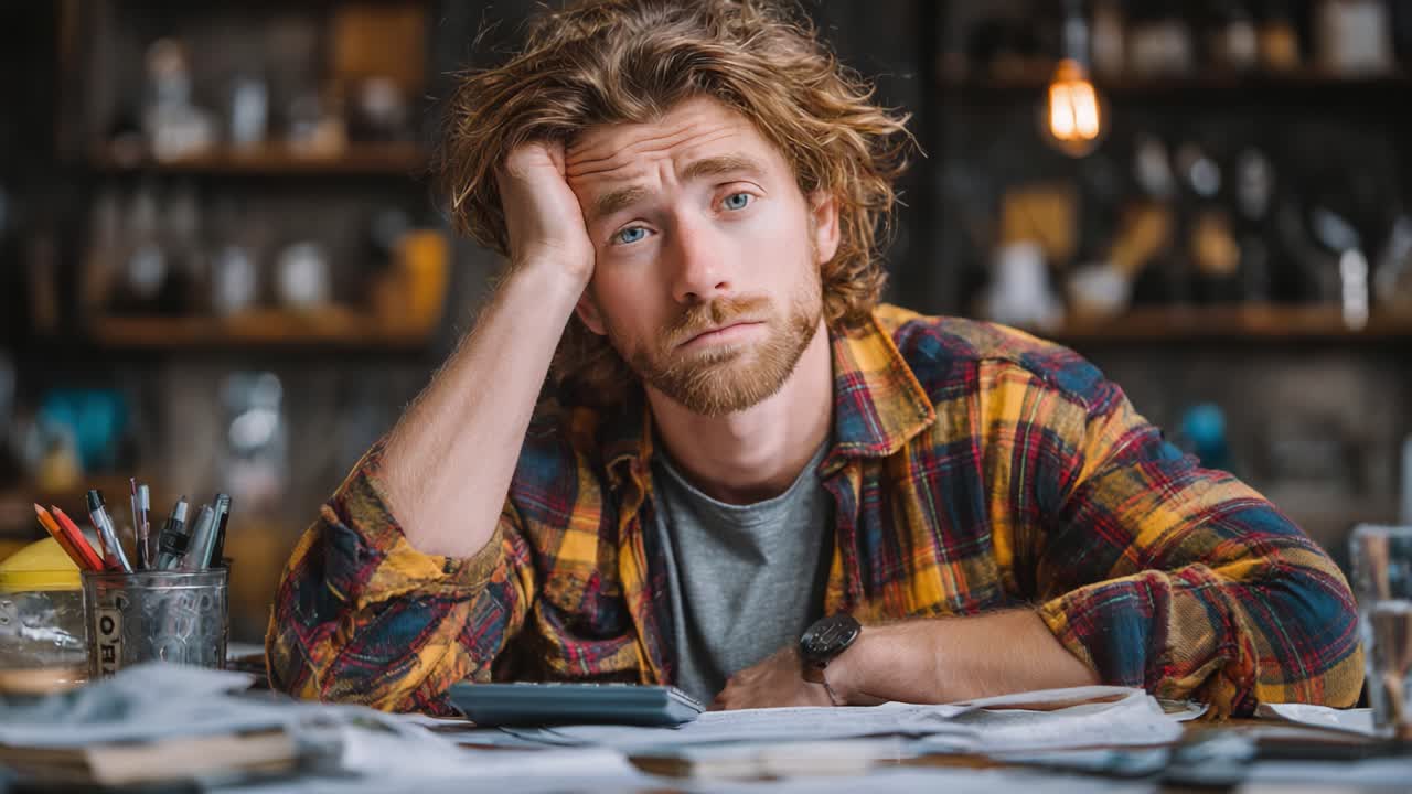 A Thoughtful Individual Reflects While Surrounded by Papers and Tools, Capturing a Moment of Contemplation and Creativity in an Informal Workspace Setting