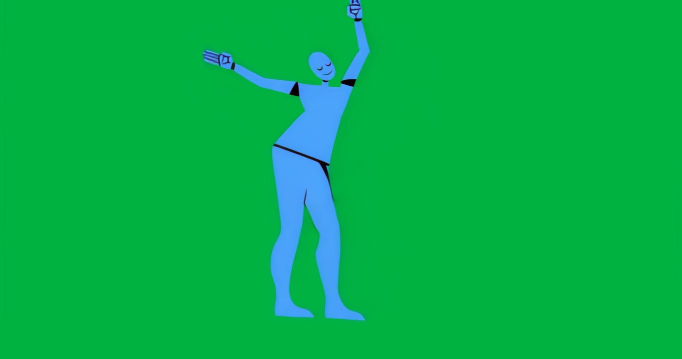 Umanoide blu luminoso che appare in un vuoto trasparente, cammina, gira, balla e mostra due lattine.