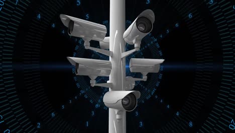 animation of data processing and secutity cameras on black background