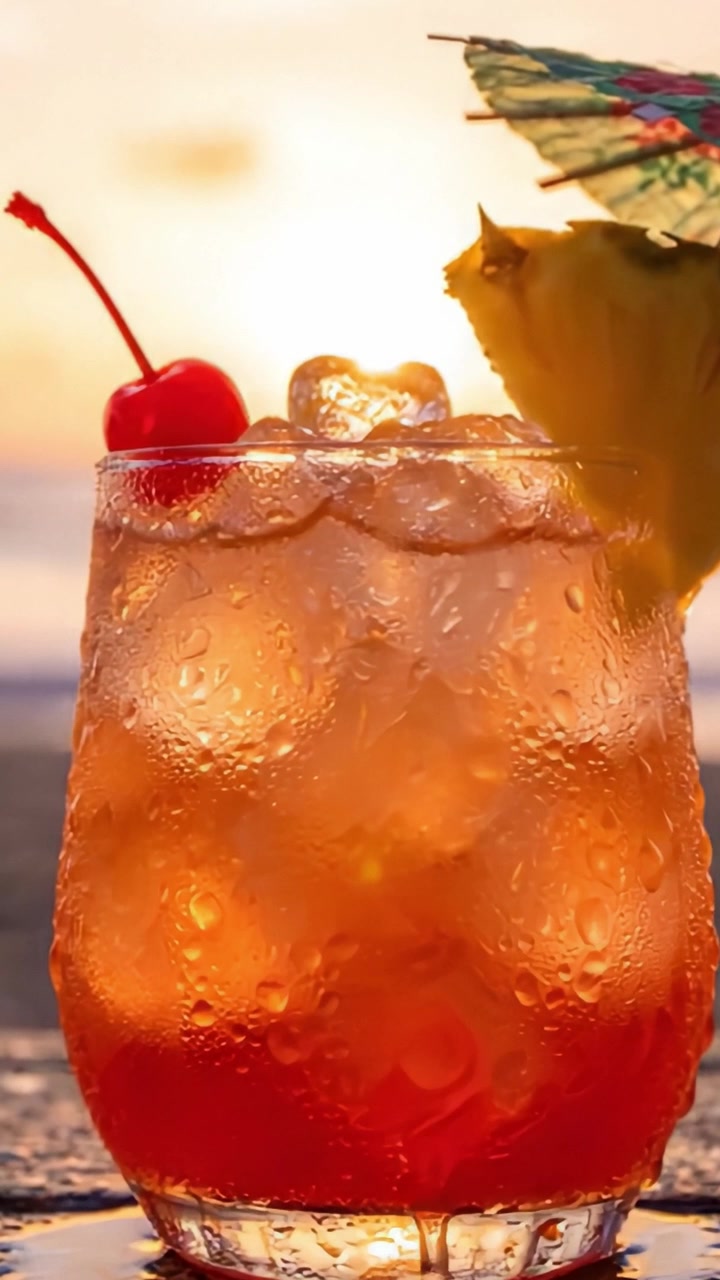 En forfriskende tropisk cocktail med kirsebær- og ananaspynt, perfekt til at nyde ved solnedgang på stranden, der indfanger sommerstemning og smagsfuld lykke.