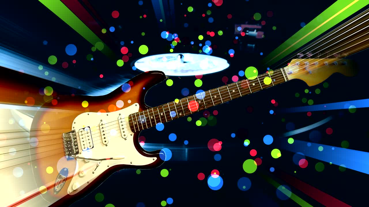 비닐 레코드 플레이어의 배경에 있는 기타