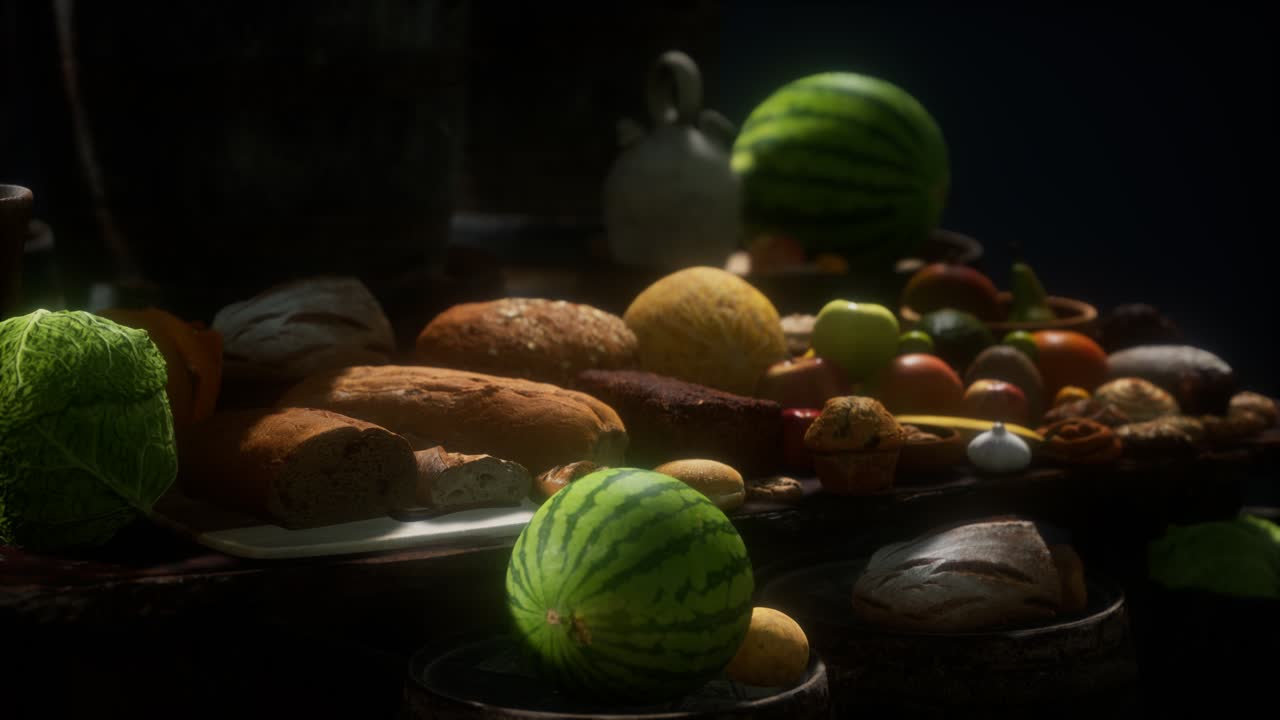 mesa de comida con barriles de vino y algunas frutas, verduras y pan