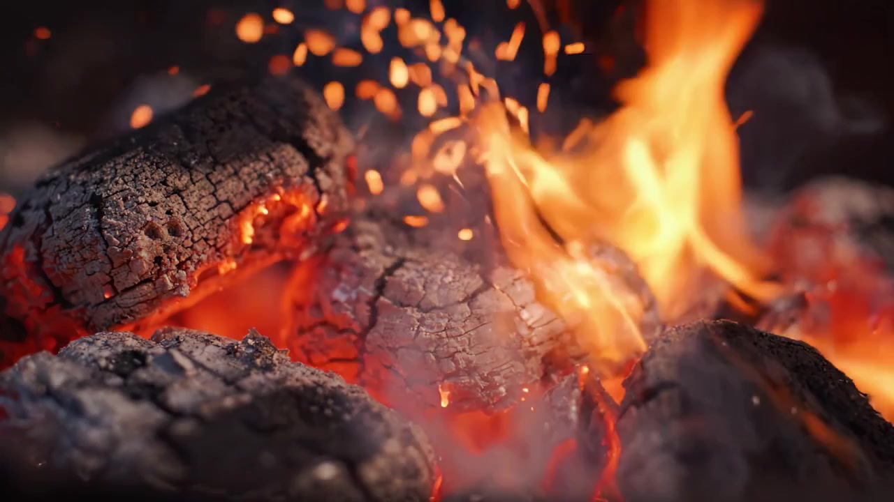 Brilho Cativante de Carvão em Brasas: Uma Jornada de Perto ao Coração de Chamas Incandescentes Iluminando Carvões Escurecidos