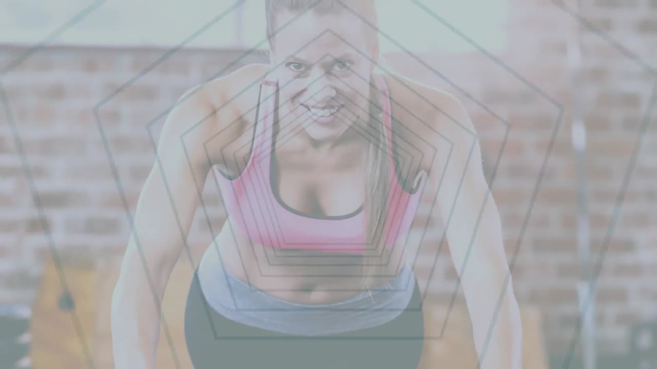 animación de un túnel brillante sobre una mujer haciendo ejercicio