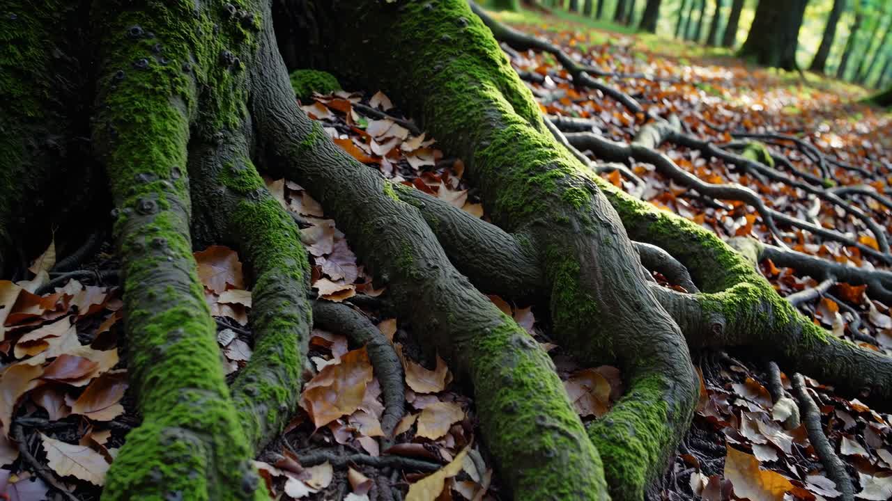 Low-angle video shot of moss-covered tree roots sprawling over fallen leaves in a forest