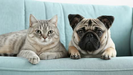 cat and pug on a sofa