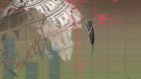 animación de globo hecho de dólares y gráficos financieros en fondo verde