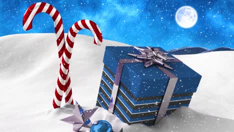 Animation-of-snow-falling-over-christmas-present-and-candies-at-night