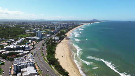 Aerial-Drone-Flyover-Sunshine-Coast-Alexandra-Headlands-Oceanfront-City,-Wide-4K