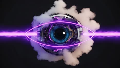 cybernetic eye with purple glow and smoke