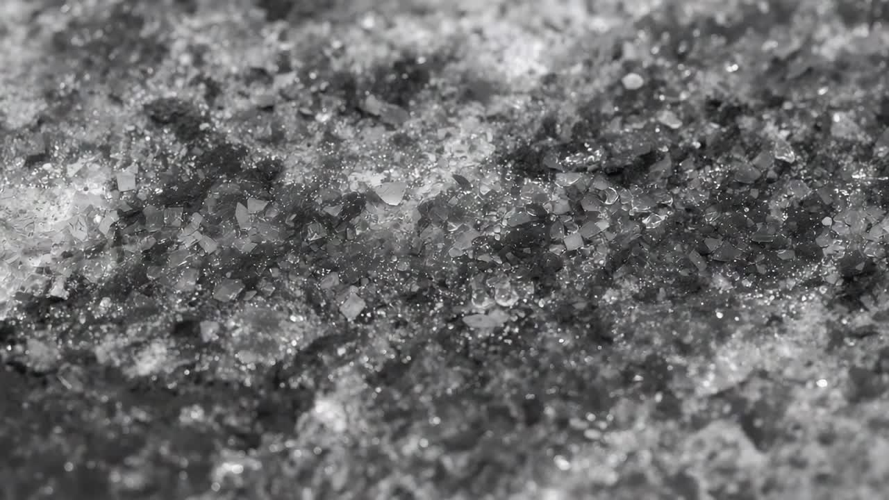 Panning camera revealing salt crystals in lab macro for study, showing specular highlights