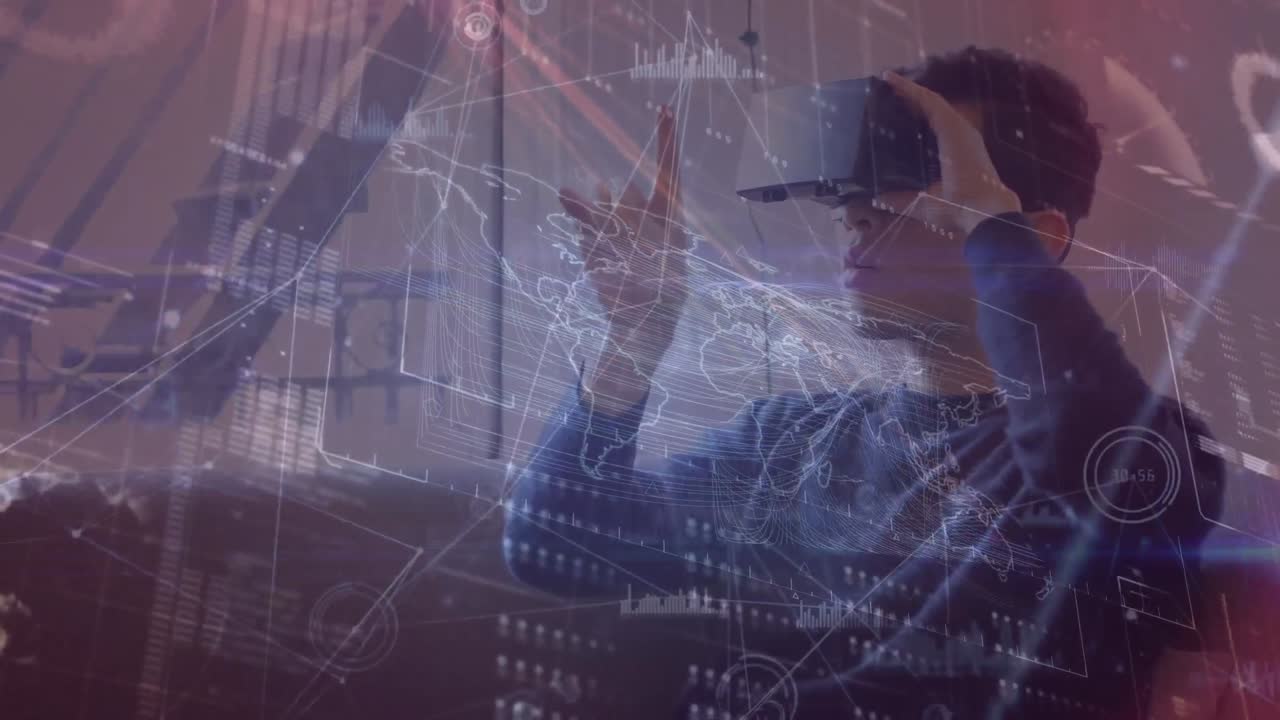 Animazione di schermo digitale con dati su un uomo che usa un visore VR