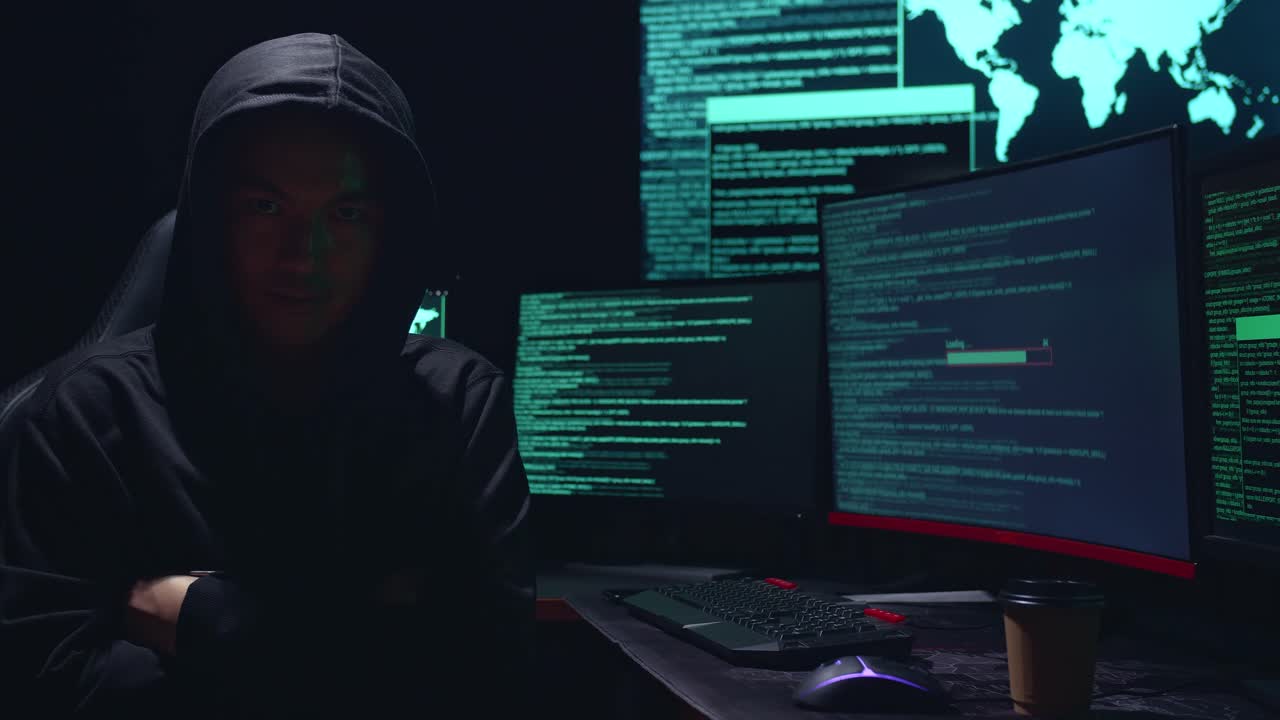 Asian Male Hacker Pose With Code On Multiple Computer Screens And Downloading Data