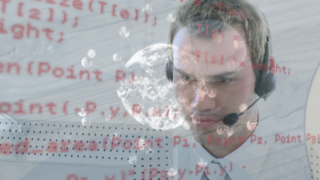 전화 헤드 ⁇ 을 사용하는 사업가에 대한 지구의 애니메이션과 데이터 처리