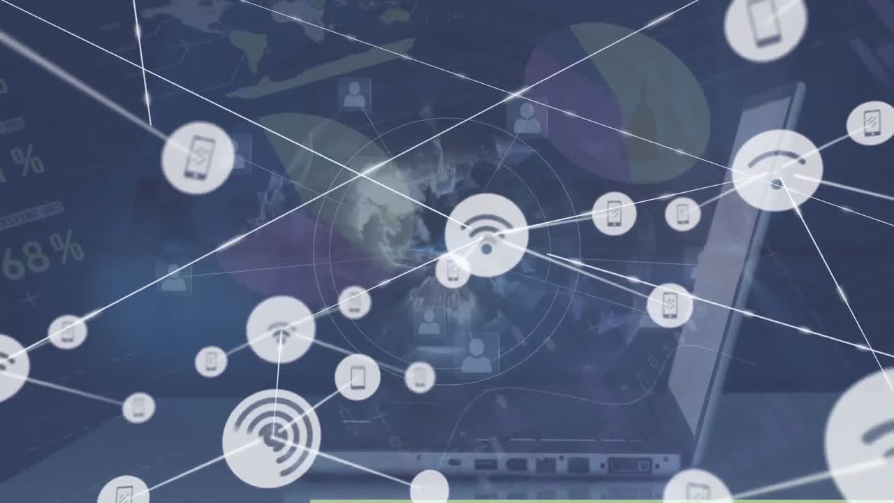 animación de la red de conexiones con iconos digitales y procesamiento de datos