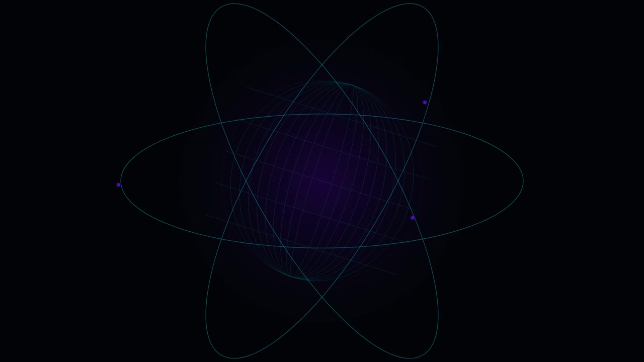 Abstract Digital Atom Model Rotating on Dark Background