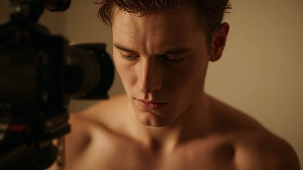Die Kamera stellt scharf, oberkörperfreies männliches Model hebt den Blick und stellt Blickkontakt her, im Studio-Rig links.