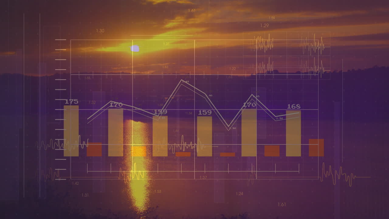 Sovrapposizione di visualizzazione dati che si fonde con una scena al tramonto, mostrando barre traslucide e un grafico a linee.