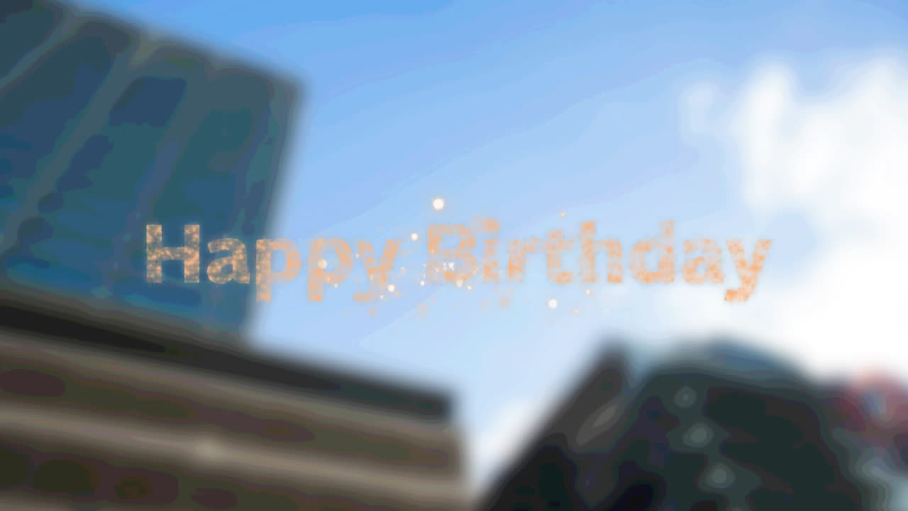 feliz cumpleaños texto sobre fuegos artificiales explotando contra edificios altos en el fondo
