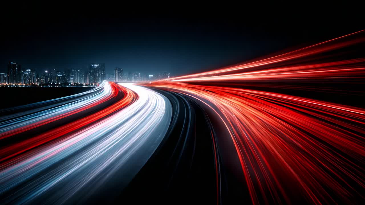 A breathtaking night scene showcasing vibrant streaks of red and white light moving along a highway, contrasted against a city skyline drenched in darkness and illuminated by urban lights
