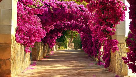 a walkway lined with pink flowers under an archway