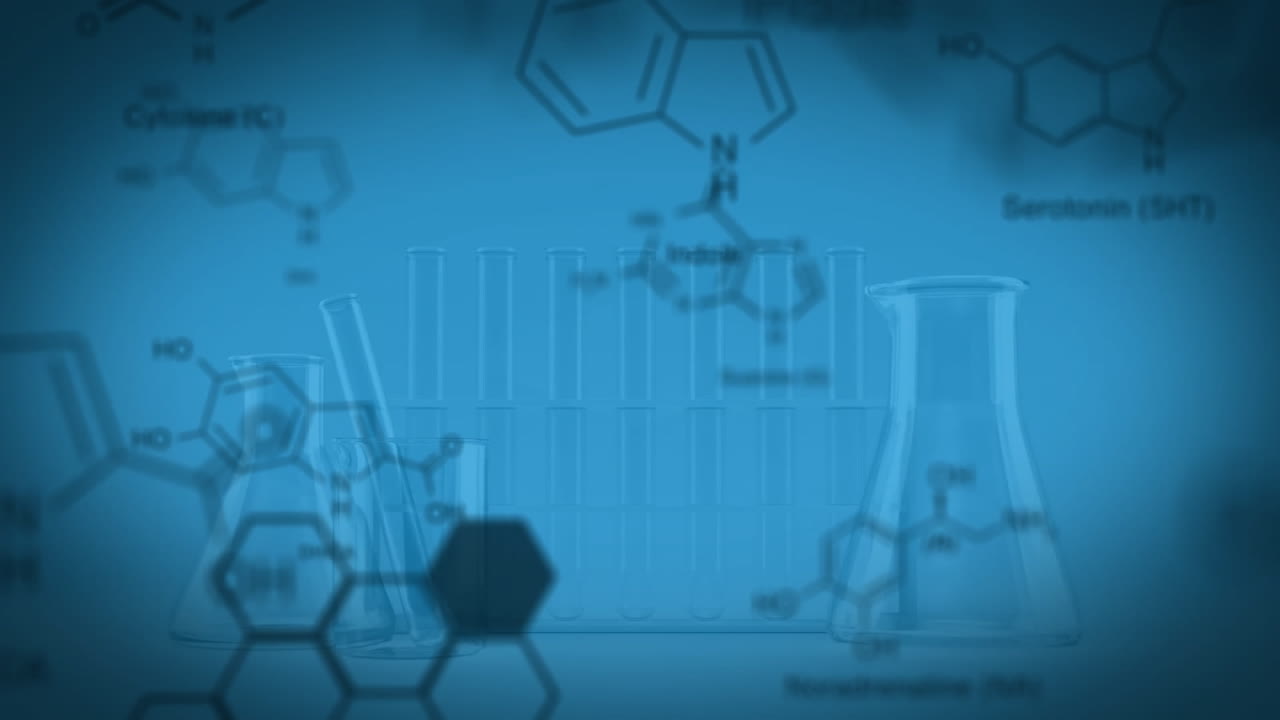Animation of molecule structures over empty laboratory flasks and test tubes against blue background