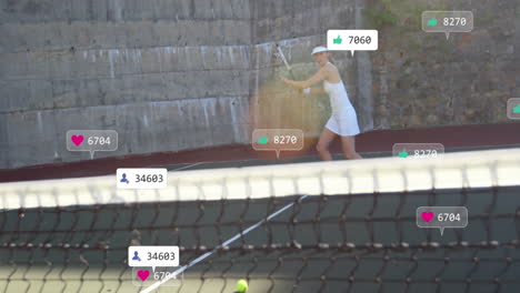 animación de múltiples barras de notificación sobre una tenista caucásica golpeando la pelota con una raqueta