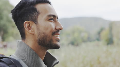 nature, hiking and man with binoculars