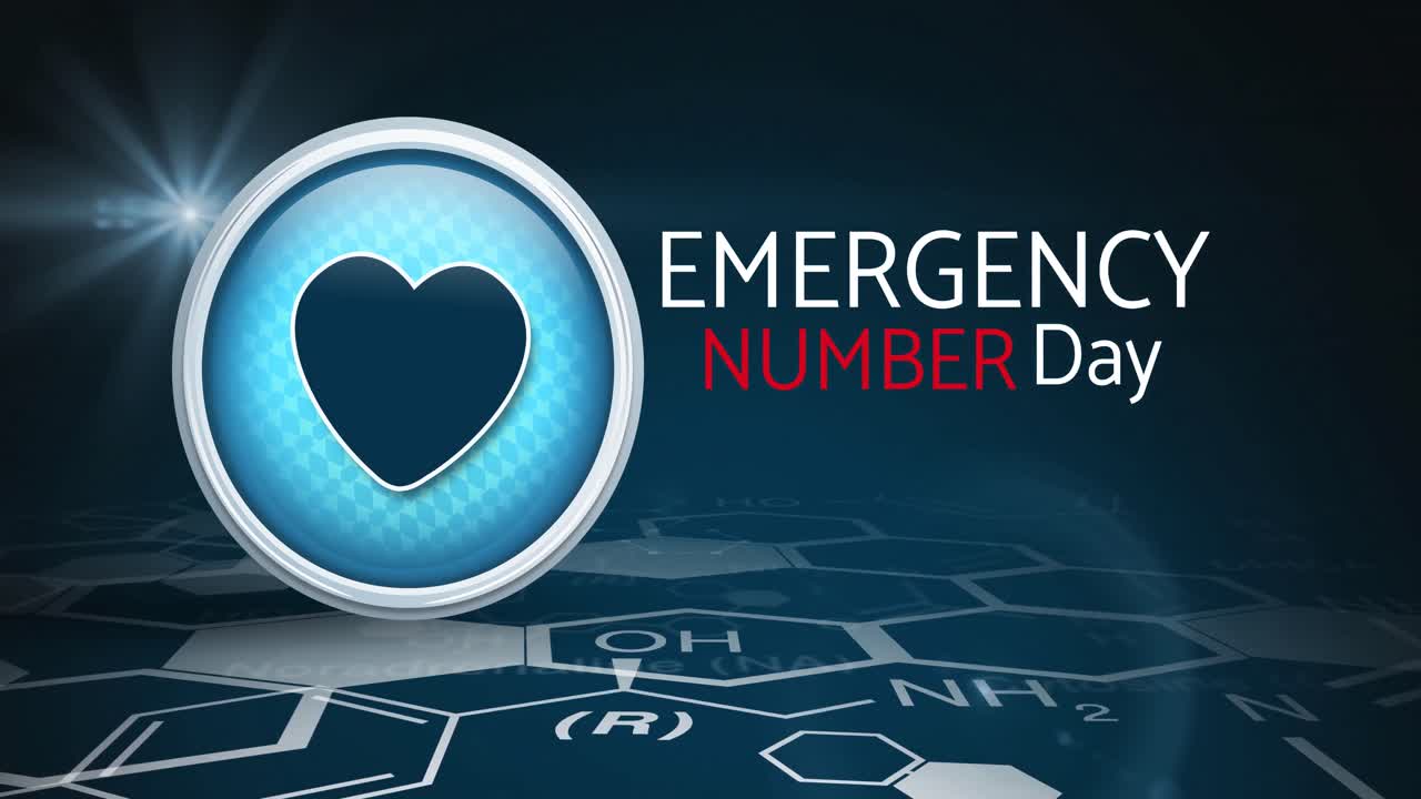 Animazione del testo "Giornata del numero di emergenza" con icone mediche su sfondo nero.