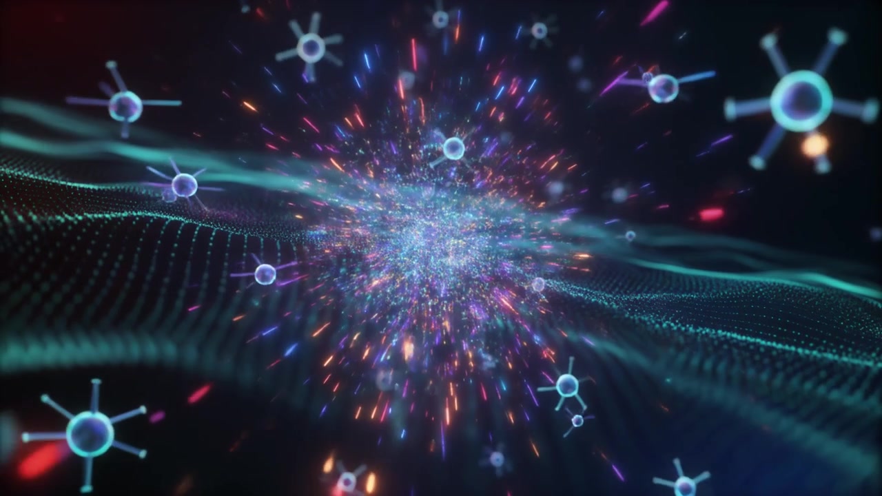 Animação Digital Abstrata de Partículas de Vírus Flutuantes e Ondas de Dados Brilhantes