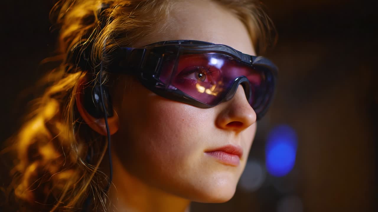 A Focused Individual Wearing High-Tech Protective Goggles in a Dimly Lit Environment, Showcasing Intense Concentration and Engagement with the Surrounding Technology and Atmosphere