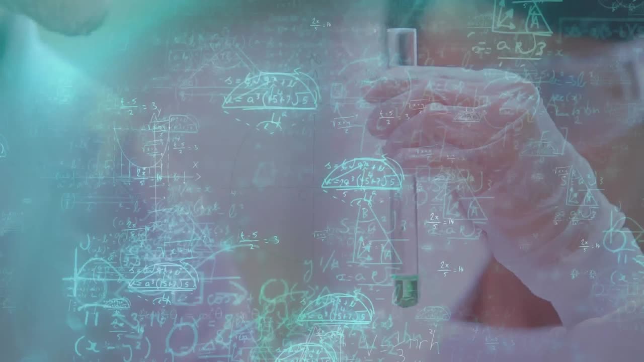 실험실에서 일하는 남녀 과학자 위에 떠다니는 수학적 방정식의 애니메이션