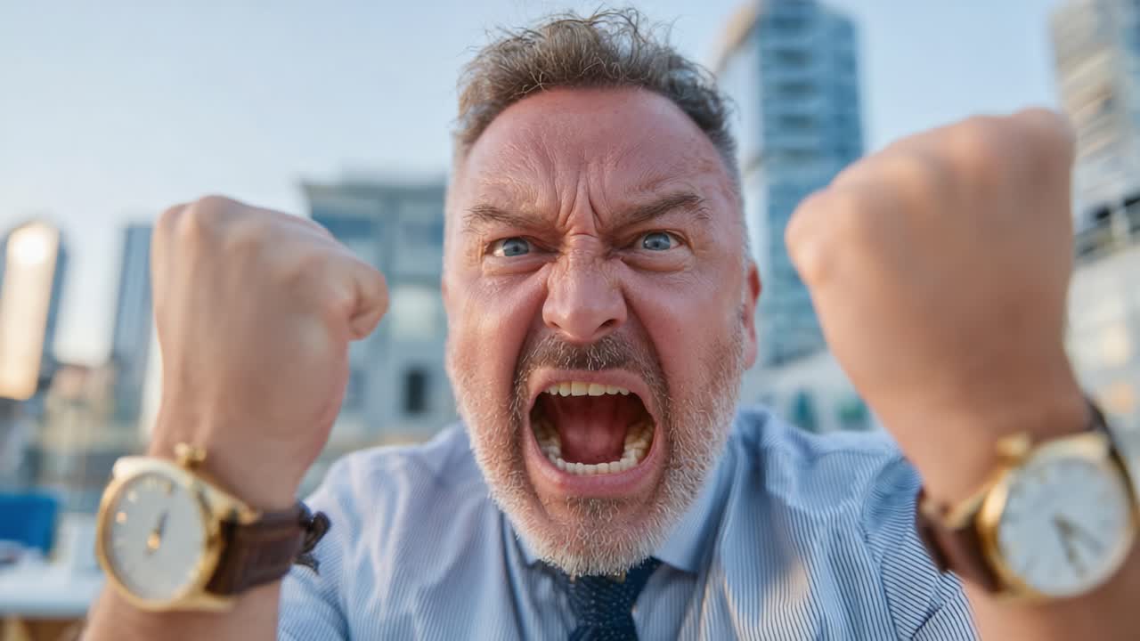 Raiva intensa: um homem expressa frustração com punhos cerrados e uma expressão feroz em meio a um plano de fundo de paisagem urbana, simbolizando conflito e emoção