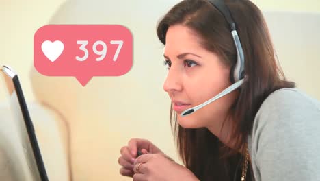 Animation-of-raising-numbers-over-businesswoman-wearing-headset