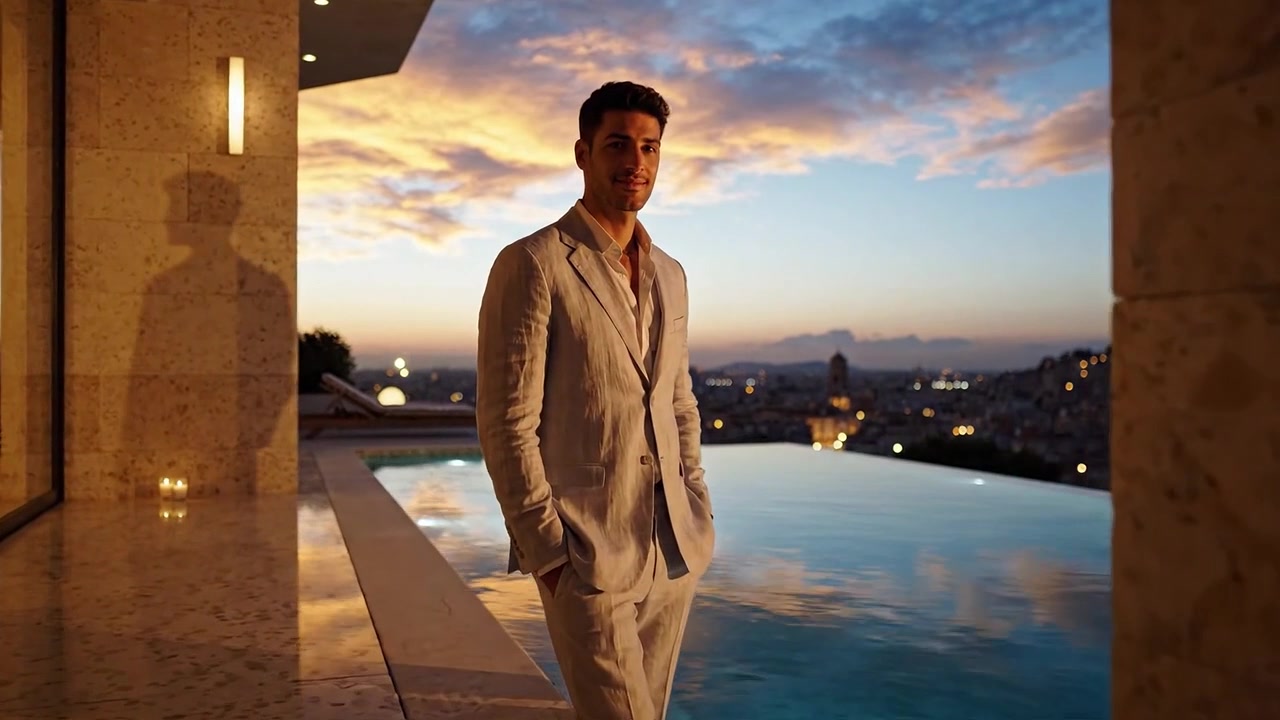 Elegant man in light suit stands by infinity pool at sunset, surrounded by candles, capturing a serene moment with beautiful sky and city view behind him.