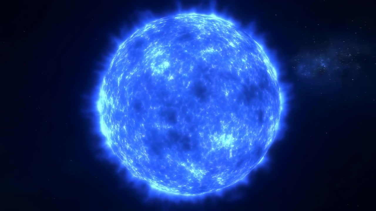 Primo piano frontale di una stella luminosa blu elettrico che riempie un'ampia vista cinematografica, mostrando un disco sferico completo, una texture di plasma granulare turbolento, punti caldi luminosi, macchie più scure e una corona incandescente.