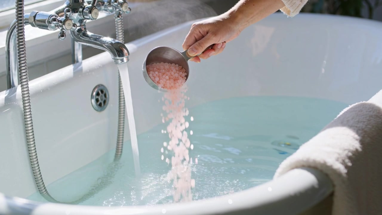 Running hot water, sleeved hand pouring pink salts from metal-cup into bathtub at home, making bath