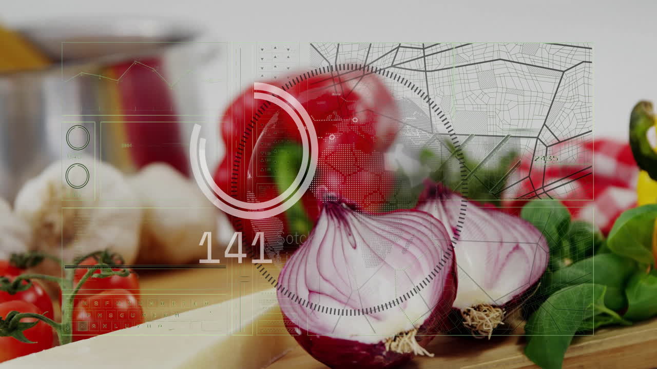 Sliced onions and tomatoes with digital data processing animation overlay