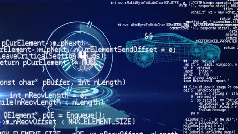 animation of data processing and count down over round scanner and 3d car model on blue background