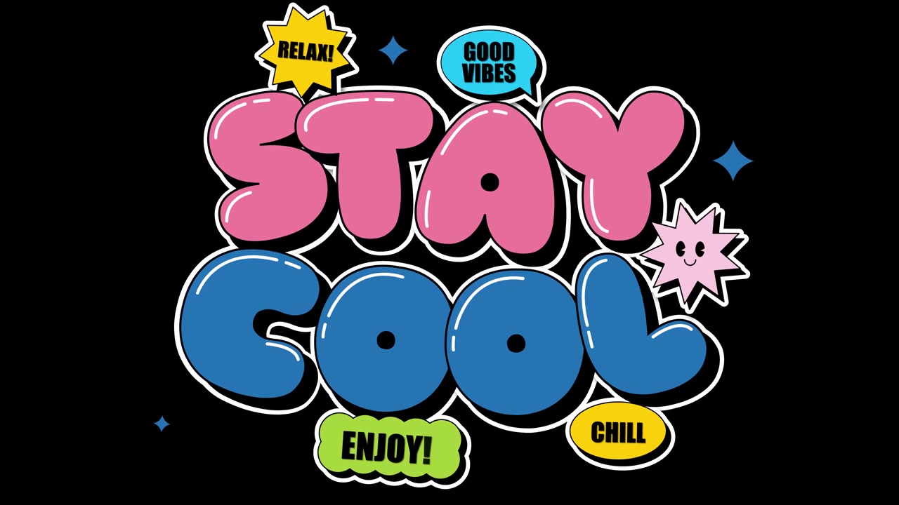 Vibrant bubble text animation appears on black background with playful retro stickers and floating shapes